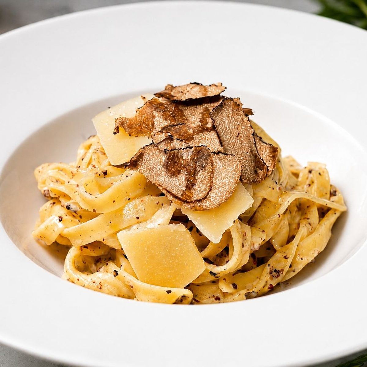 Trüffelpasta mit gehobeltem Trüffel und Parmesan